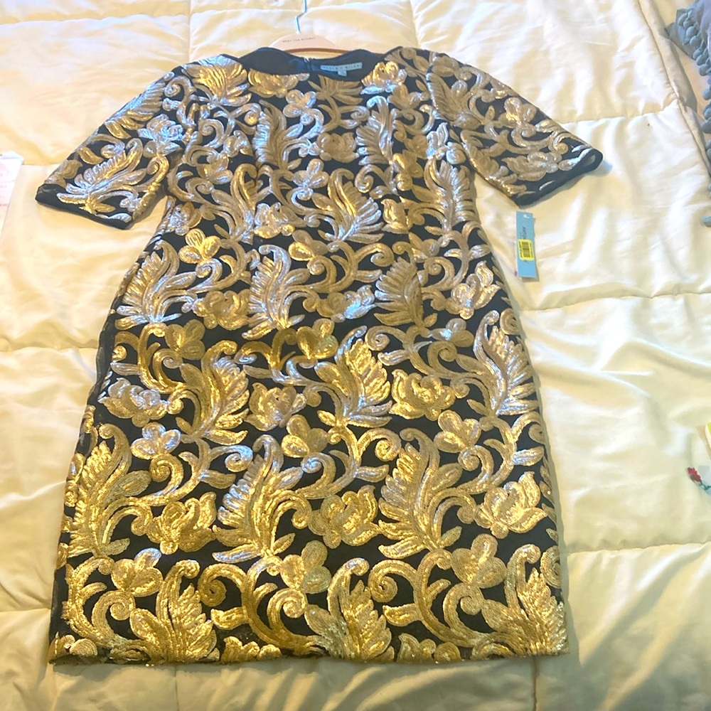 ANTONIO MELANI Women's Size 12 Zorrana Black Gold Sequined Leave Sheath Dress